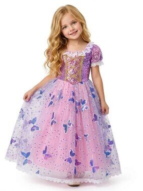 Girls Rapunzel Princess Costume Dress Purple Pink Sequin Butterfly Tulle Birthda
